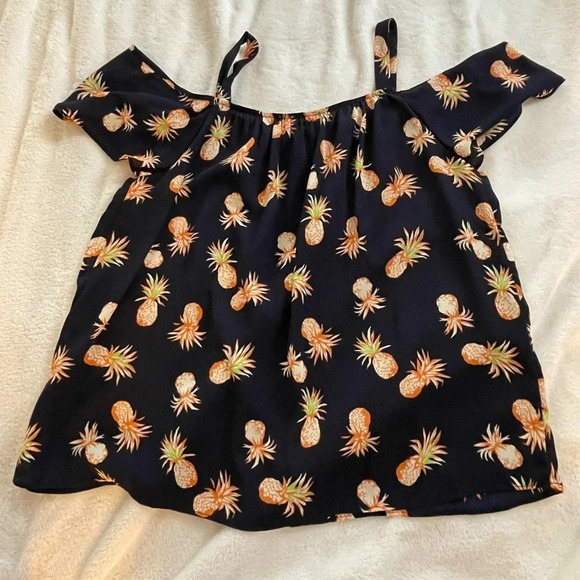 Sienna Sky Tops - Sienna Sky | Navy Blue Pineapple Off the Shoulder Flutter Sleeve Blouse